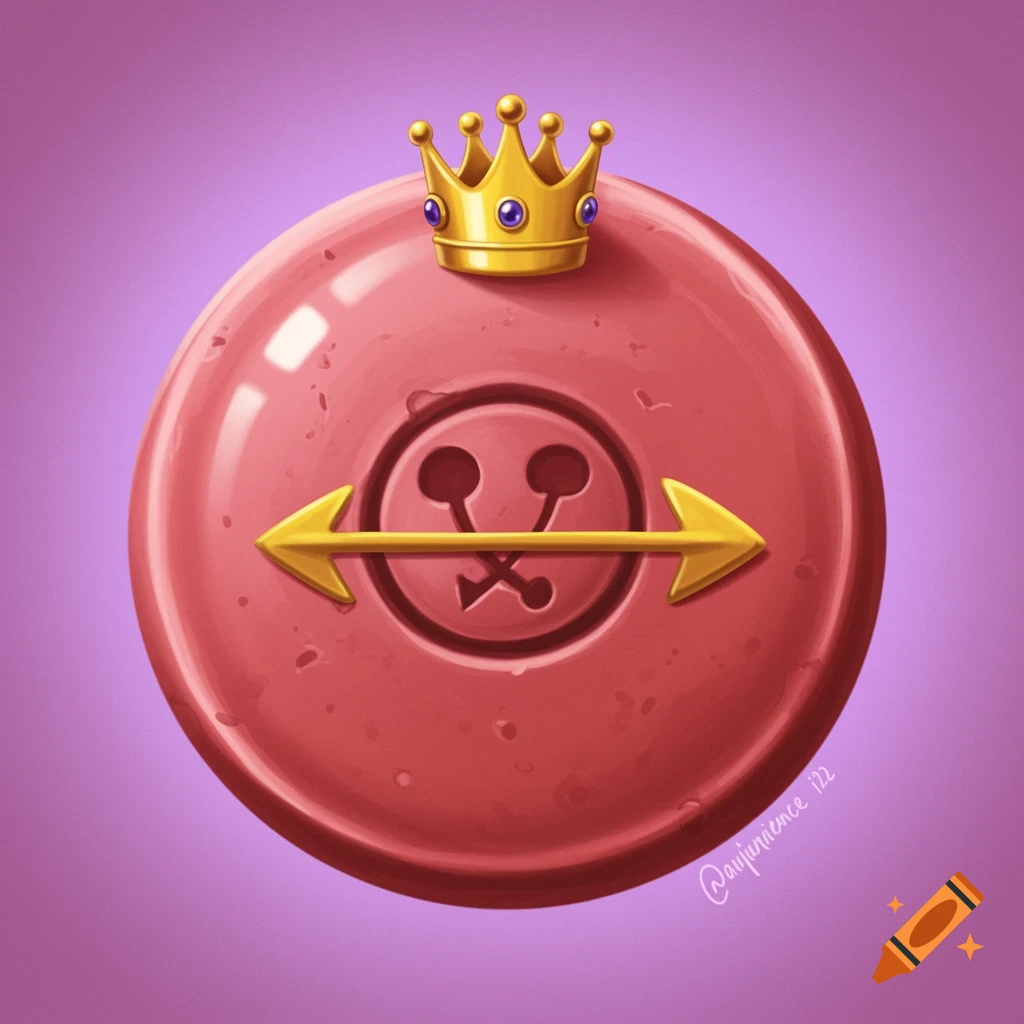 A pink button with a symbol and golden arrow, topped with a crown, on a purple background.