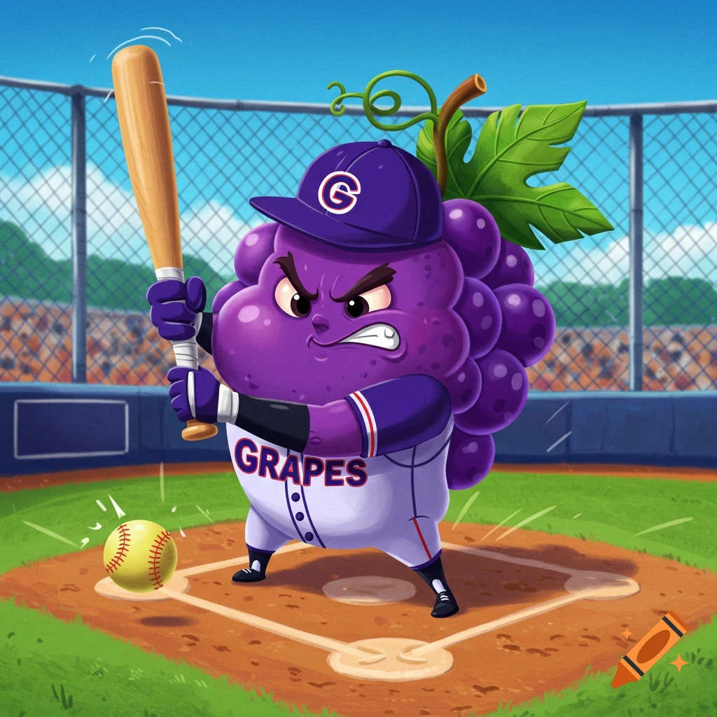 A purple grape cartoon character in a baseball uniform swinging a bat at a ball in a stadium.