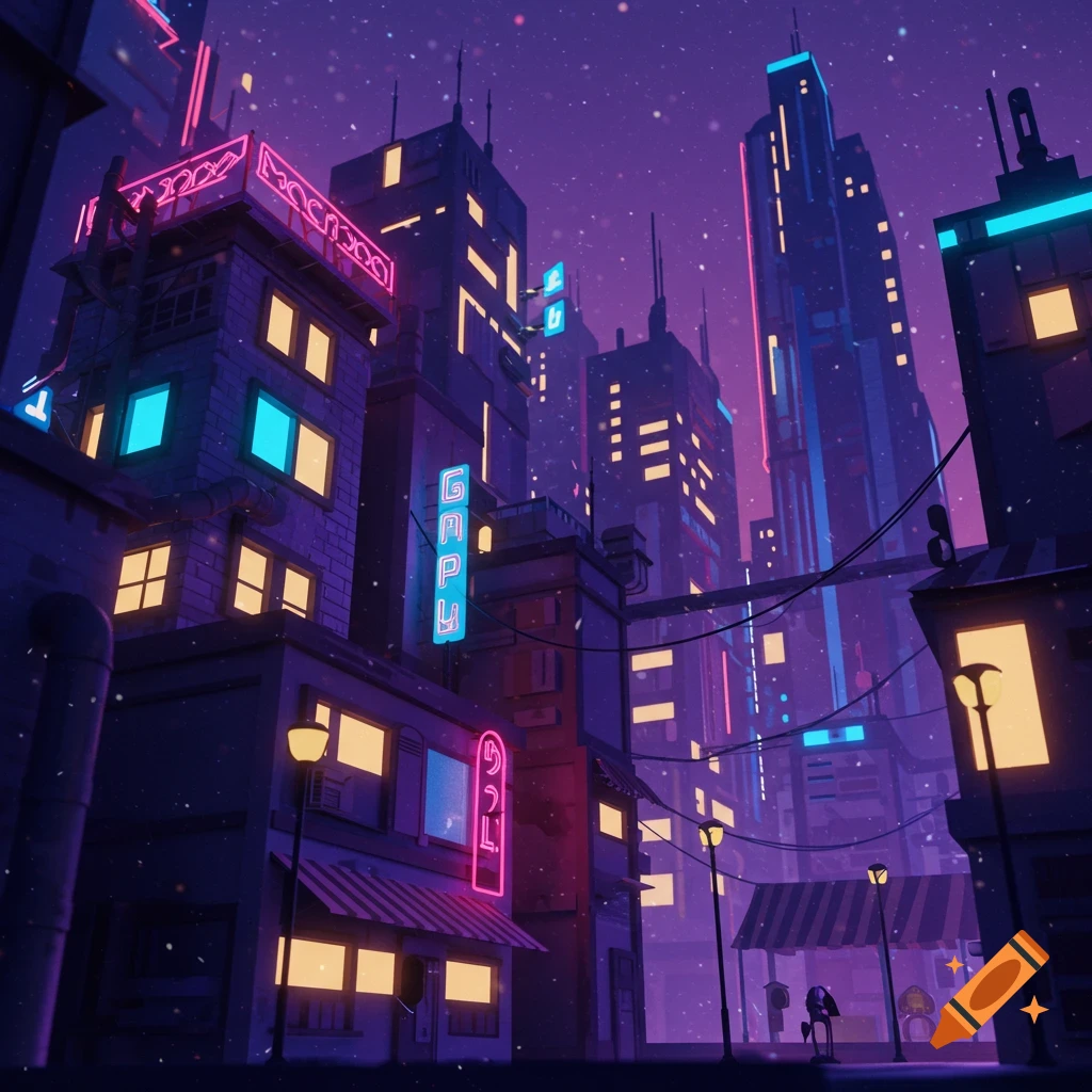 A stylized night cityscape with tall buildings and neon signs under a dark purple sky with bright specks.