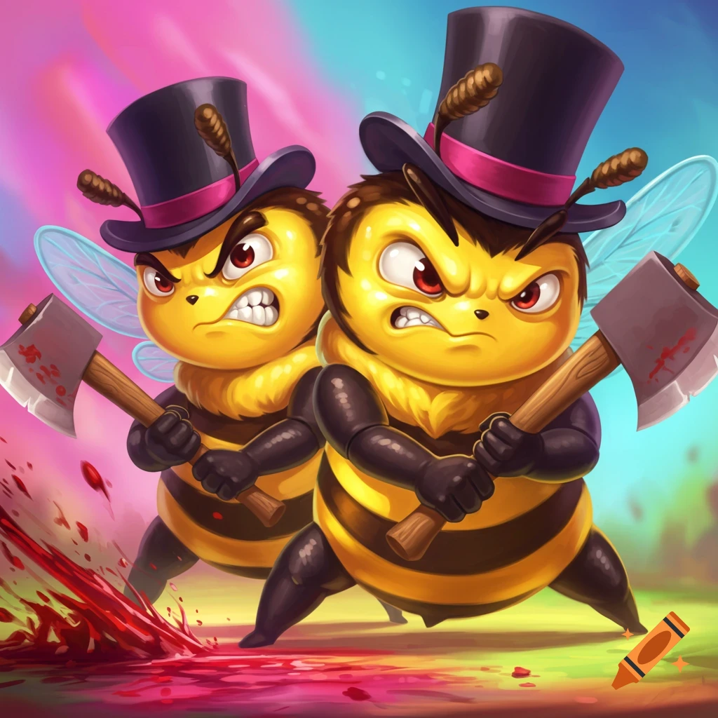 Two angry cartoon bees wearing top hats hold bloodied hatchets.