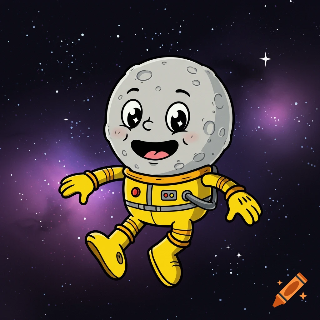 A cartoon moon character wearing a yellow astronaut suit floats in space.
