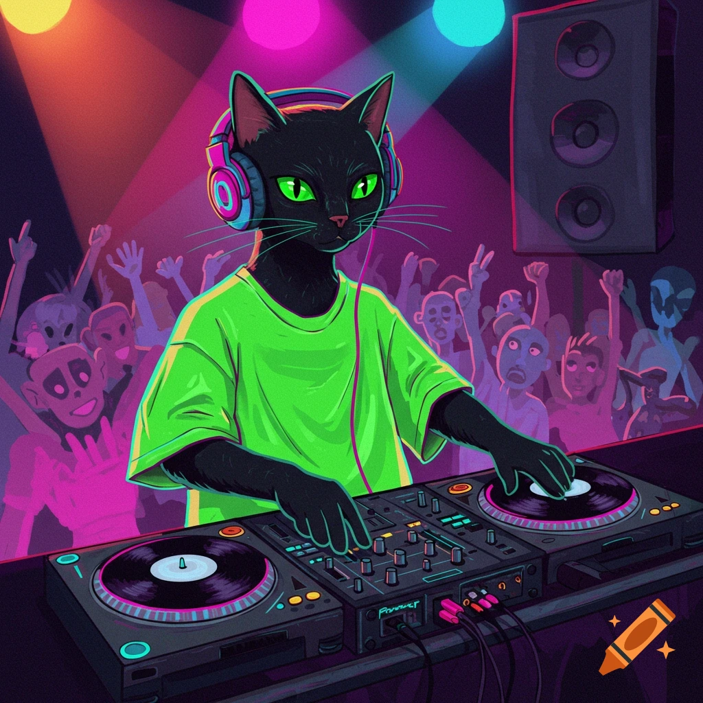 A black cat DJing with turntables at a colorful rave