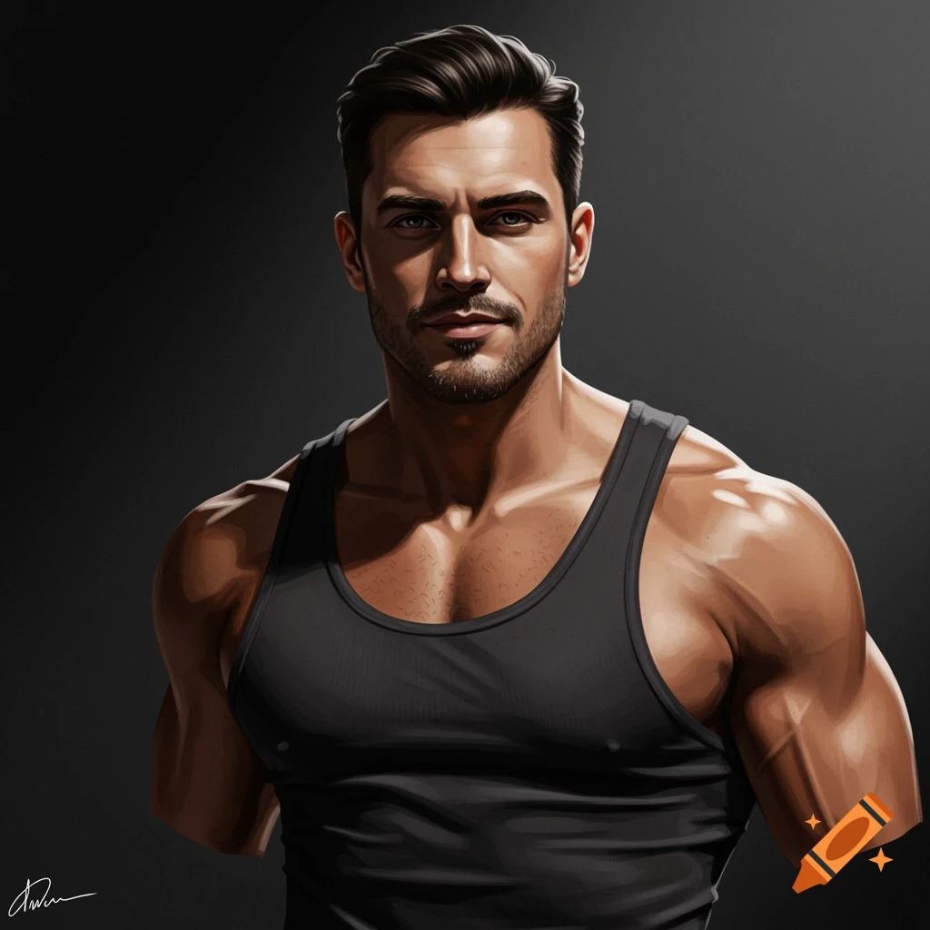 A muscular man in a black tank top