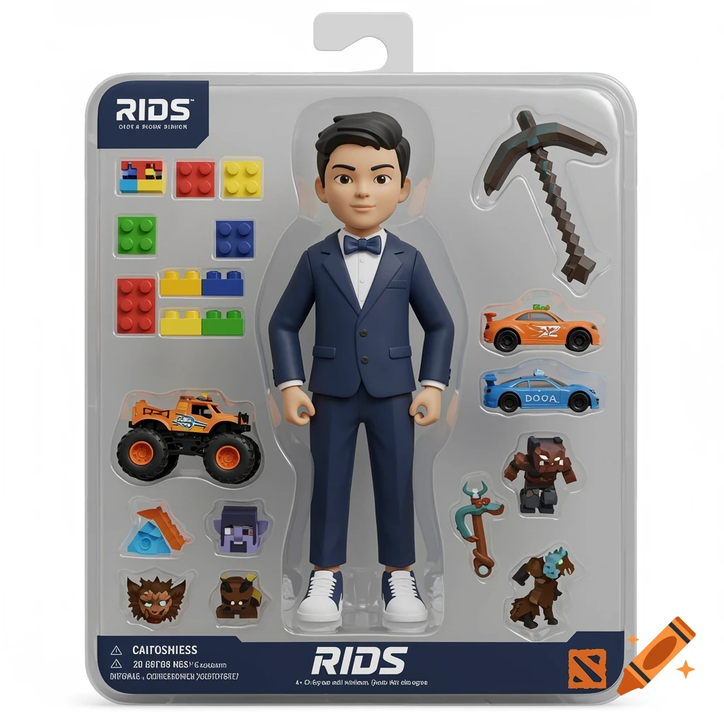 Collectible action figure in packaging with accessories including Lego bricks, cars, pickaxe, and figures.