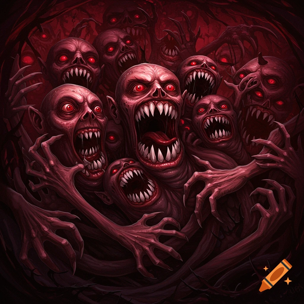 Multiple screaming nightmare creatures with red eyes and sharp teeth reaching out with clawed hands in a dark red environment.