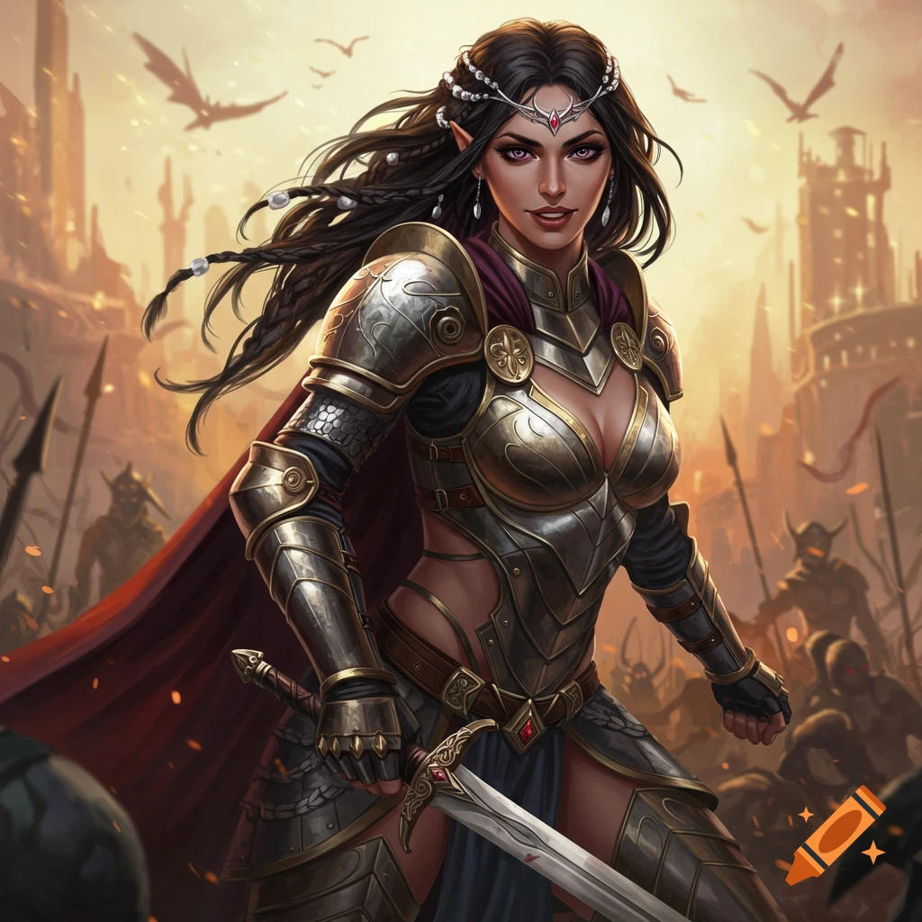 Female fantasy warrior with dark hair and ornate armor holding a sword in a battle scene at sunset.