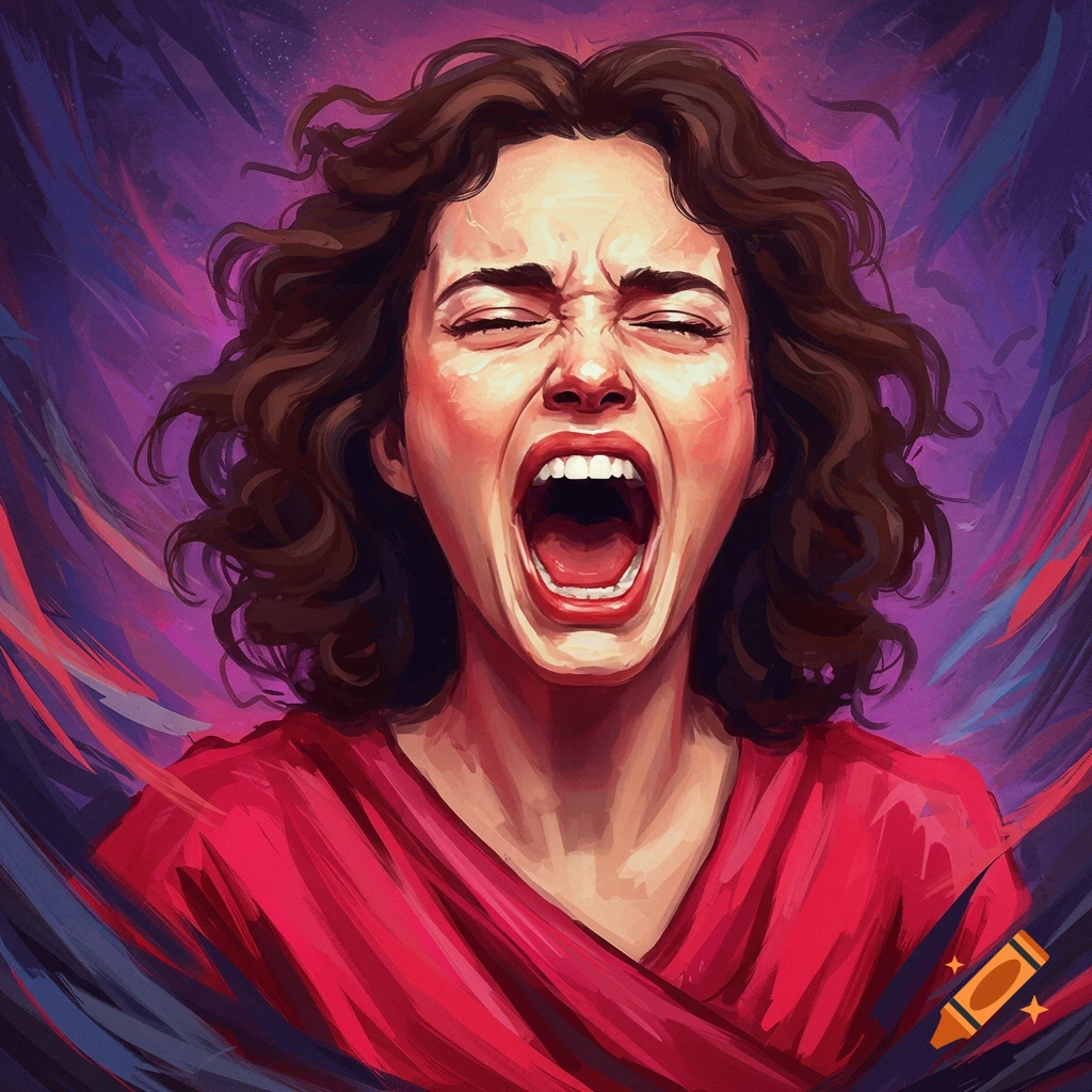 A woman screams with her eyes closed against a swirling purple and dark background.