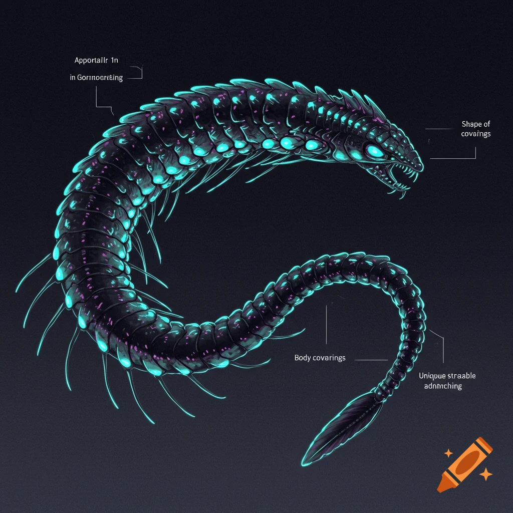 A dark, segmented fantasy creature with glowing blue elements, spikes, and eyes, digital art.