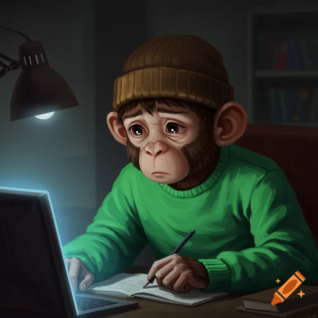 A sad monkey wearing a beanie and green sweater, studying at night on a laptop.