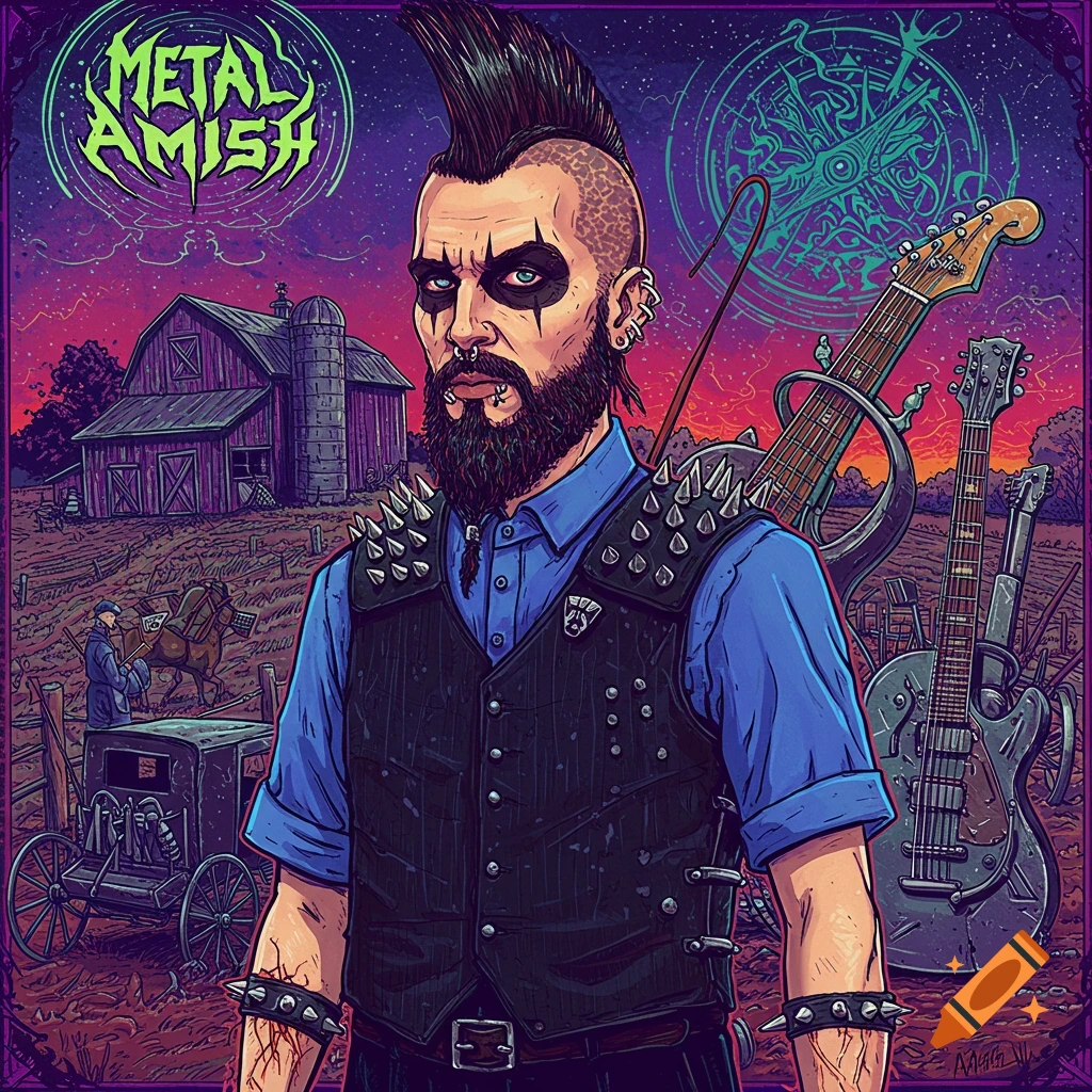 Illustration of a man in metal/punk attire with a mohawk standing before a barn and guitars.