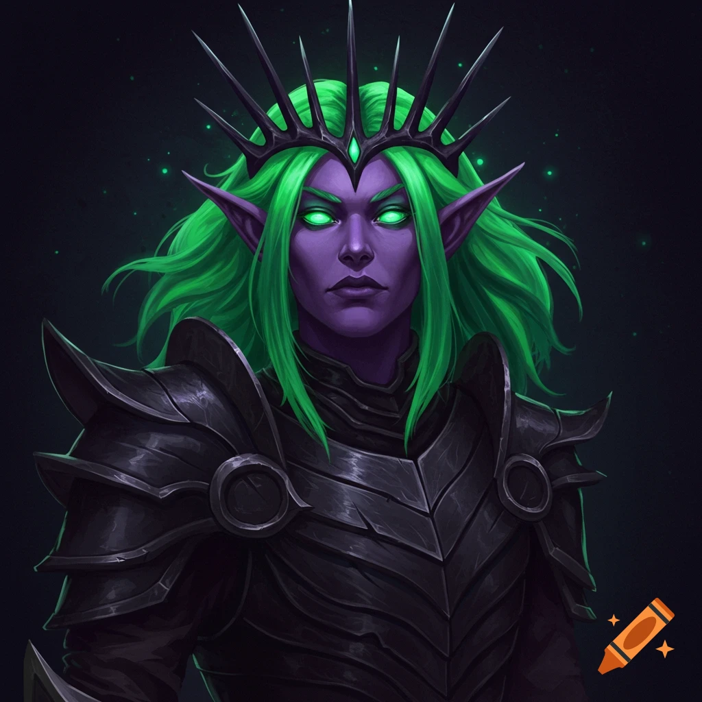 A fantasy character with purple skin, green hair, glowing eyes, and black armor.