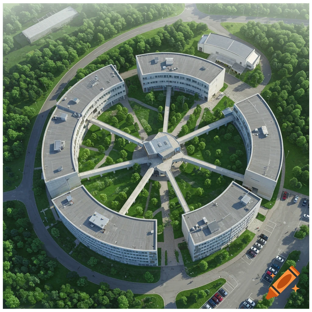 Aerial view of a modern building complex with a central hub and six curved arms connected by walkways, set in a green landscape.