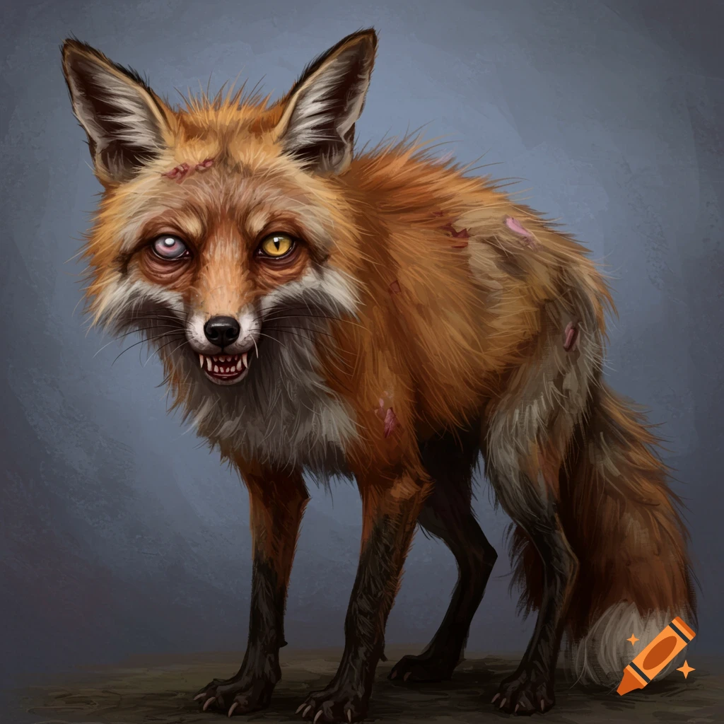 An unsettling fox with patchy fur, mismatched eyes, and jagged teeth.