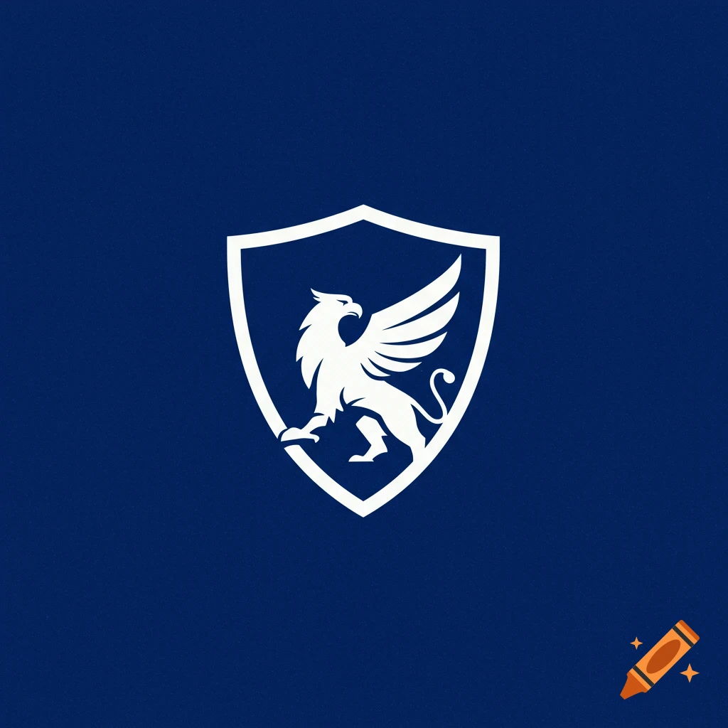 White griffin inside a shield on a blue background, logo style
