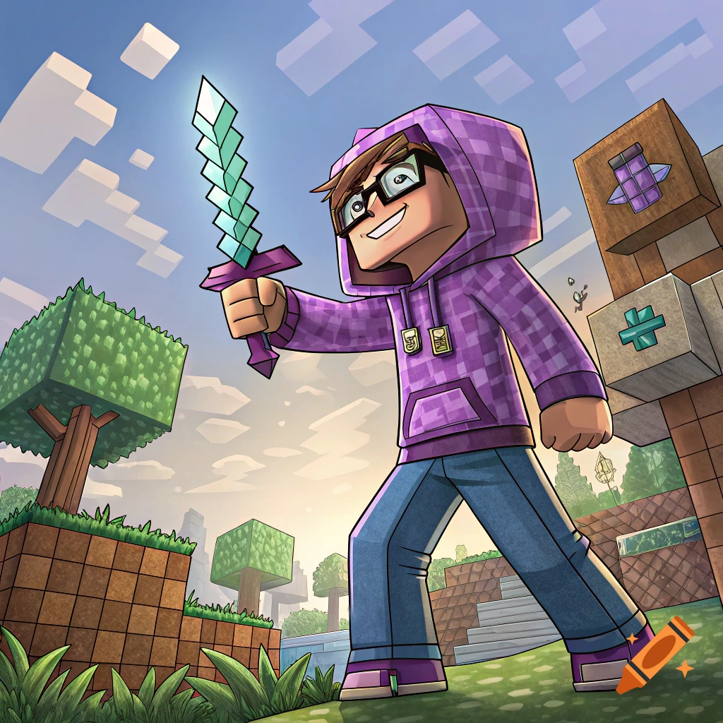 Minecraft character in purple hoodie and glasses holding a sword in a blocky world.