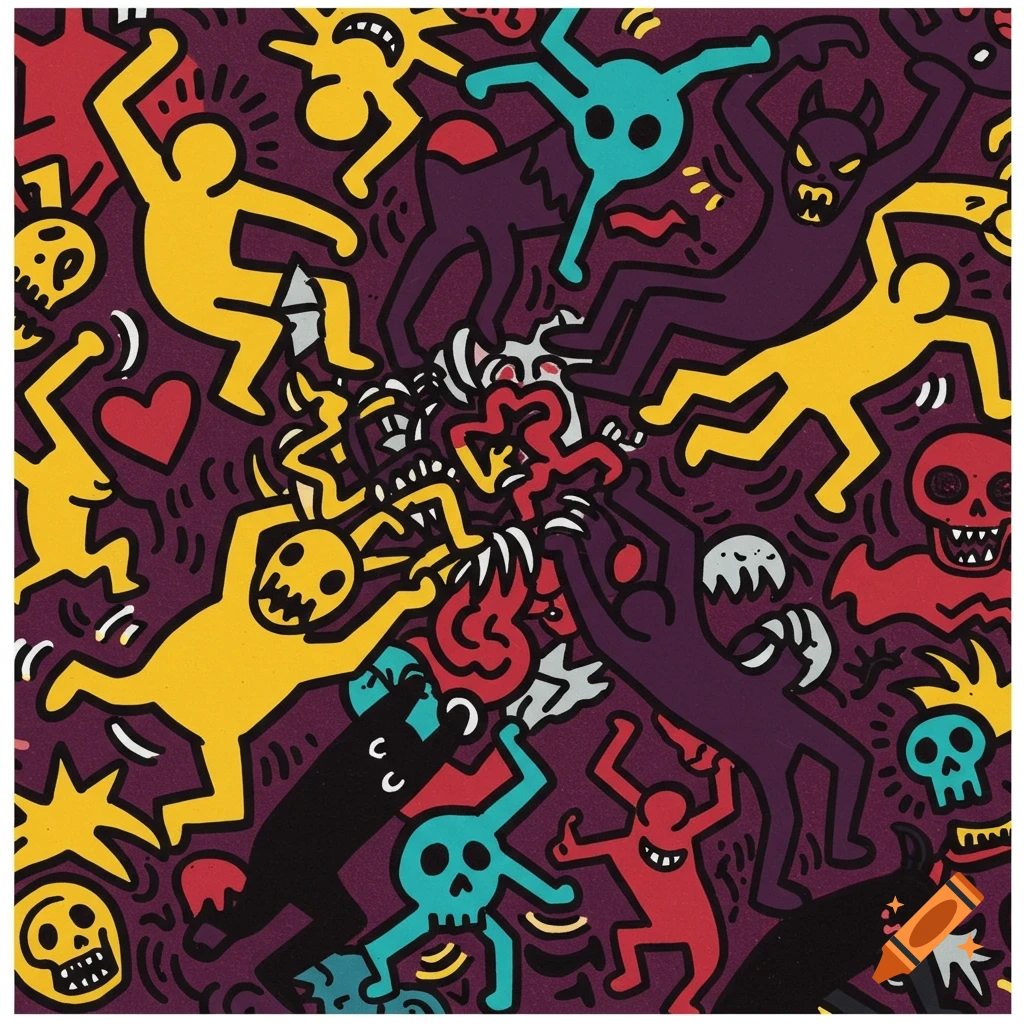A busy Keith Haring style illustration with dancing figures, devils, skeletons, and symbols in yellow, purple, red, and teal.