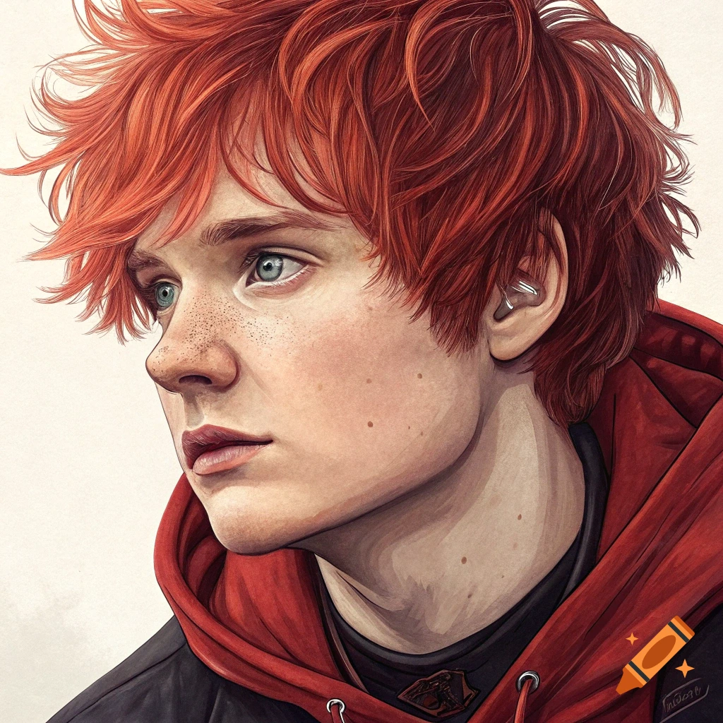 Illustration of a young person with bright red messy hair and freckles wearing a red hoodie.