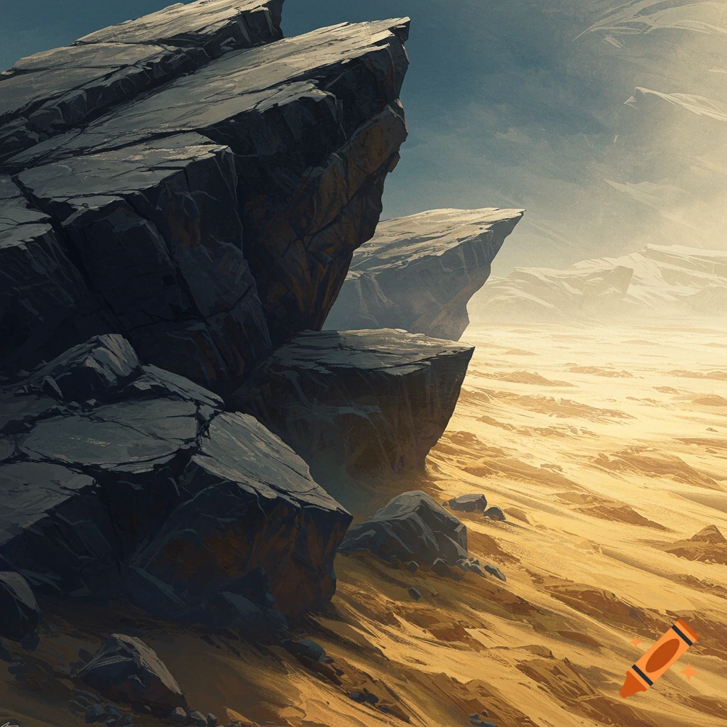 large rocks and sand in a hazy landscape