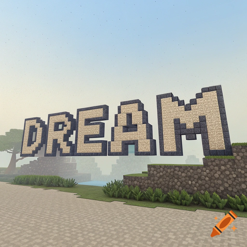 The word DREAM spelled out in large blocks in a Minecraft-like landscape.