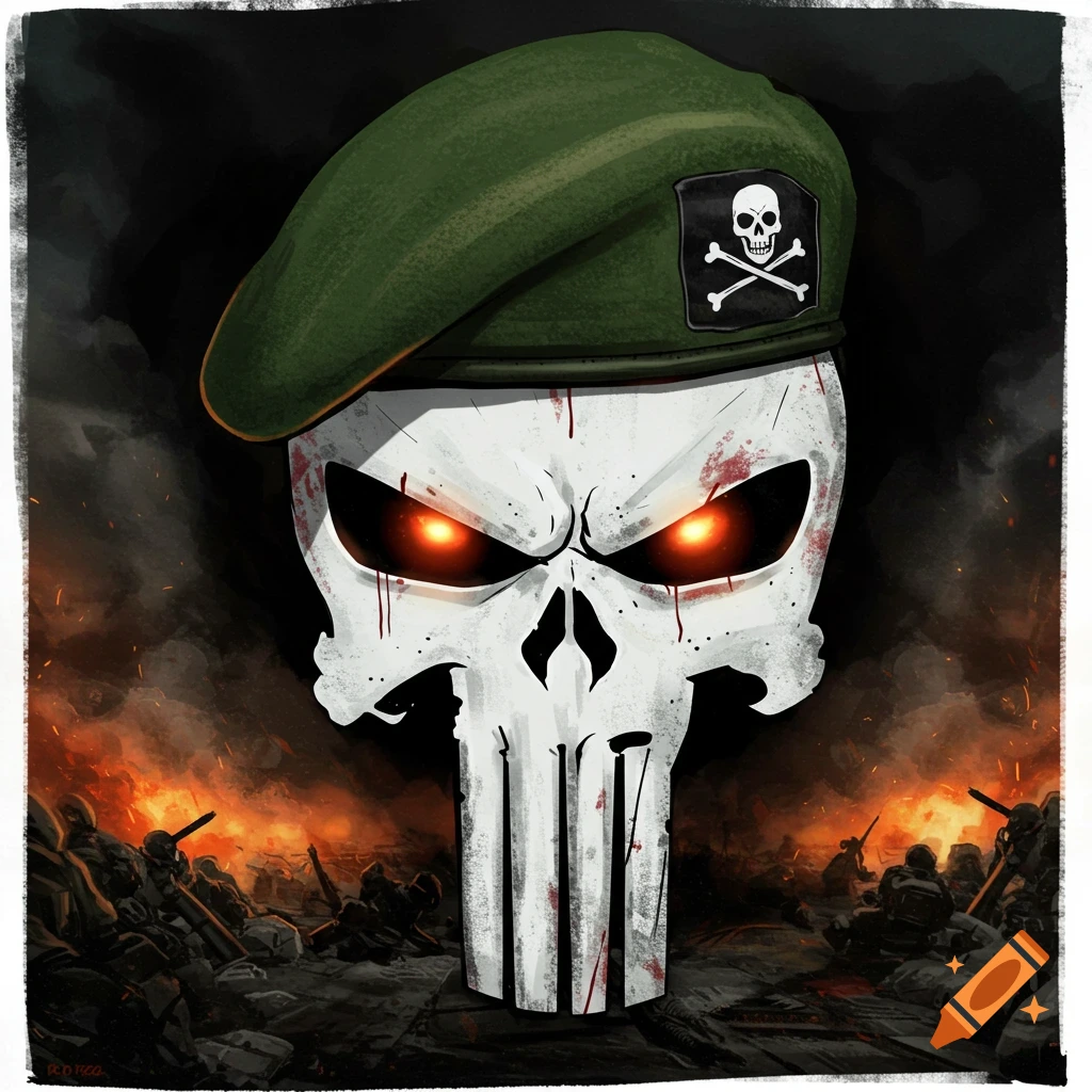 A stylized skull wearing a green beret with a skull and crossbones patch, set against a battlefield.