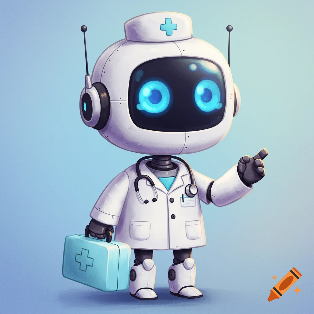 Cartoon robot doctor holding a medical kit and pointing