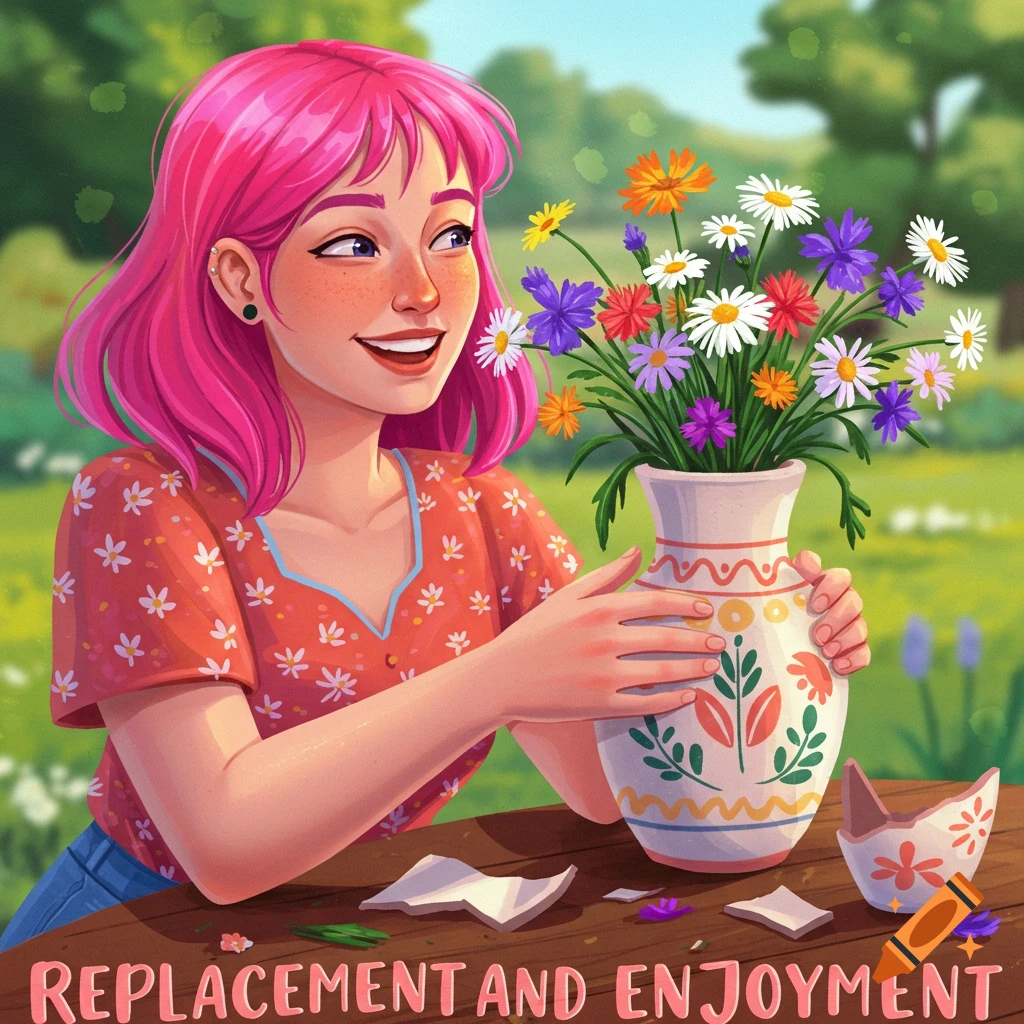 A smiling woman with pink hair is arranging flowers in a vase.