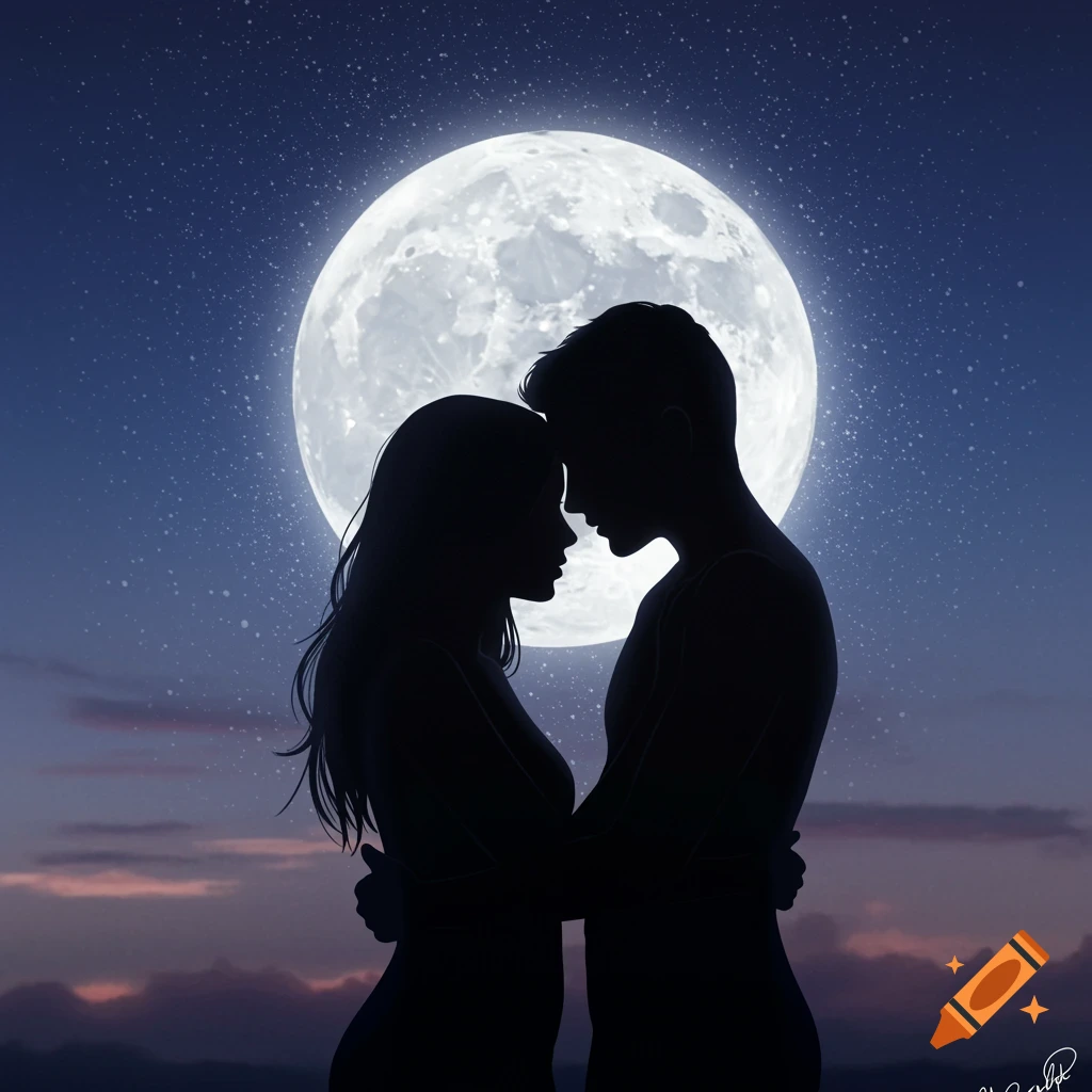 Silhouettes of a couple embracing under a large full moon and starry sky.
