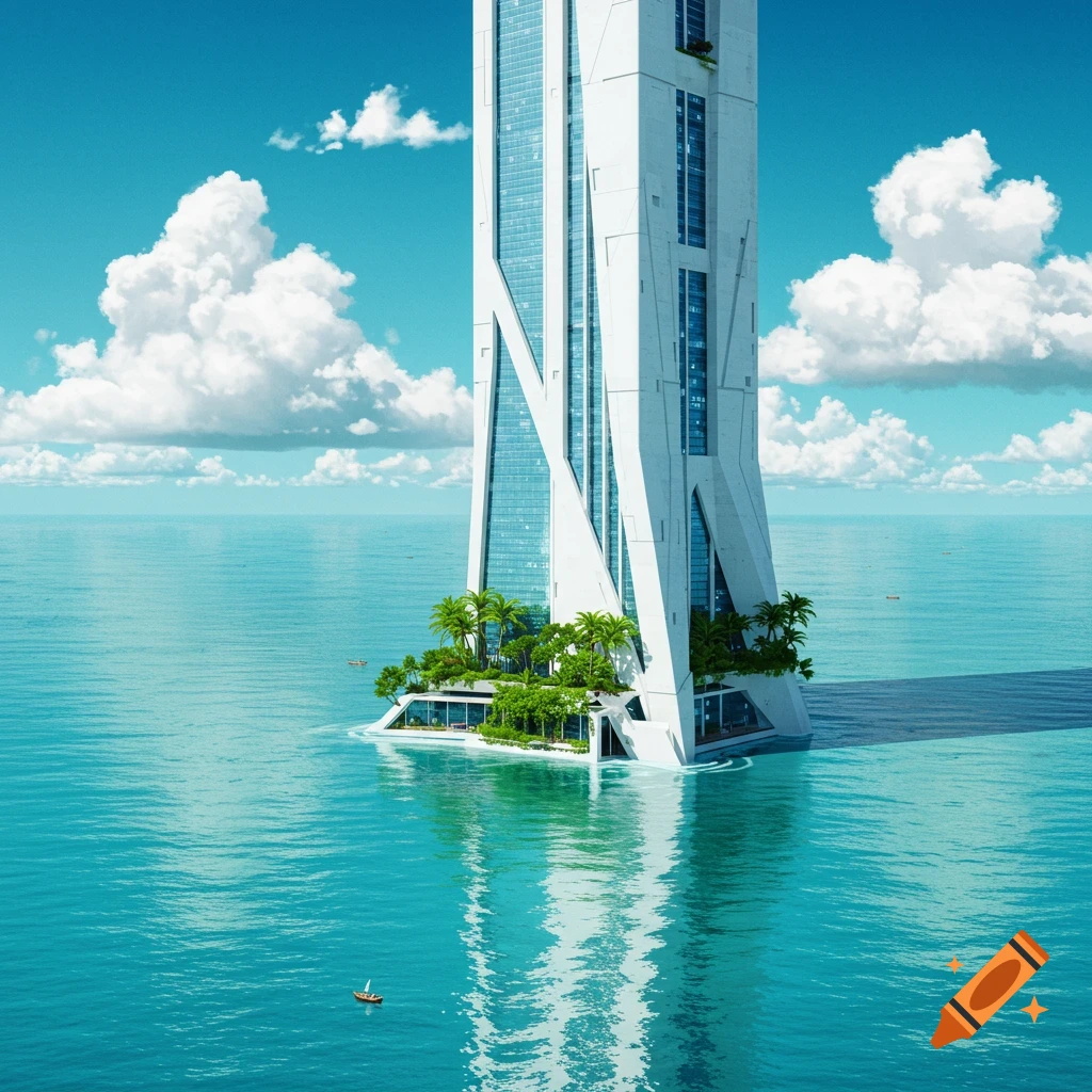 A futuristic white skyscraper rises from a turquoise sea, with palm trees on its base, under a blue sky.