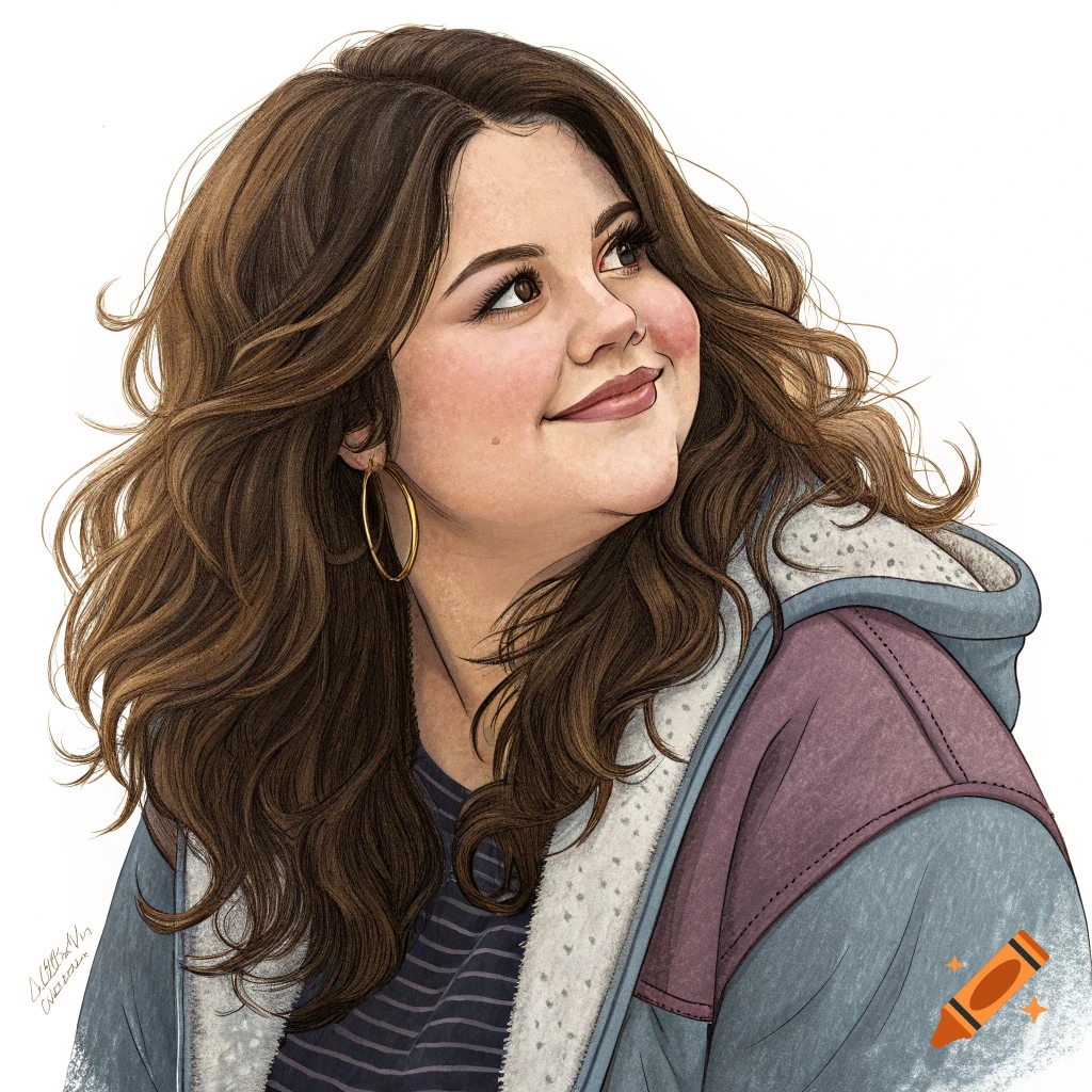 Illustration portrait of a woman with long wavy hair looking up and right, wearing a hoodie and hoop earring.