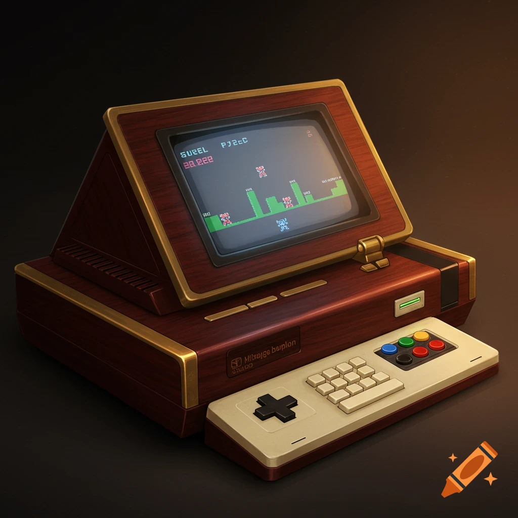 A retro video game console with a built-in screen and controller.