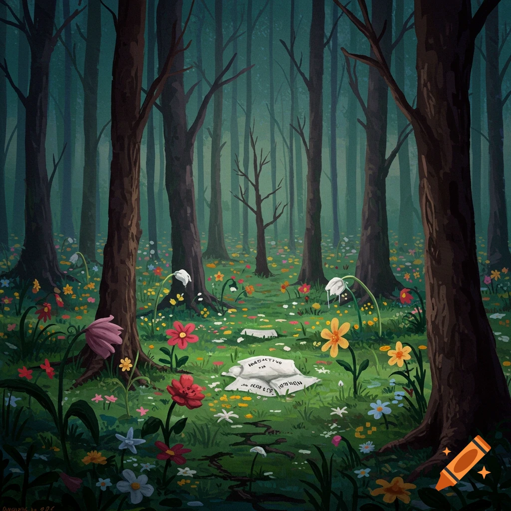 A forest floor covered in colorful flowers, with tall trees and a piece of paper in the foreground.
