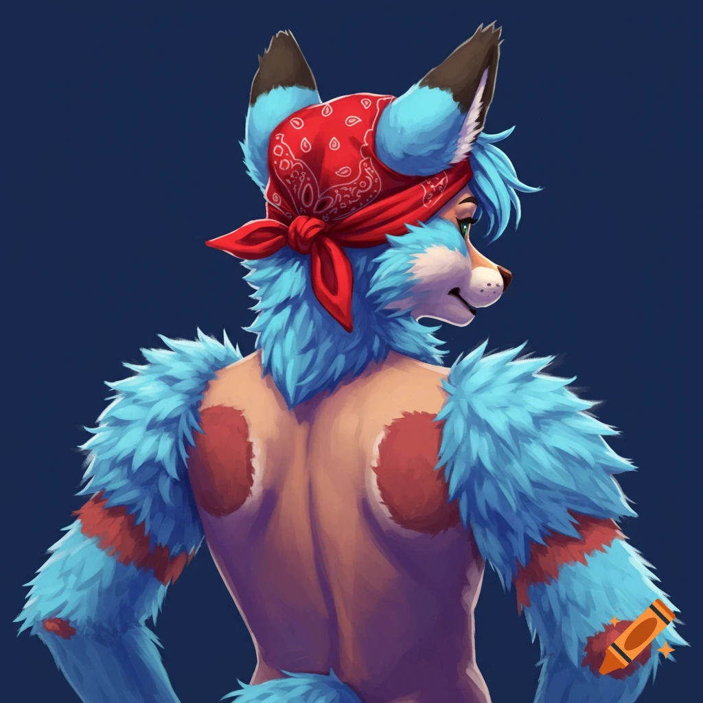A furry character with blue fur and a red bandana, viewed from the back.