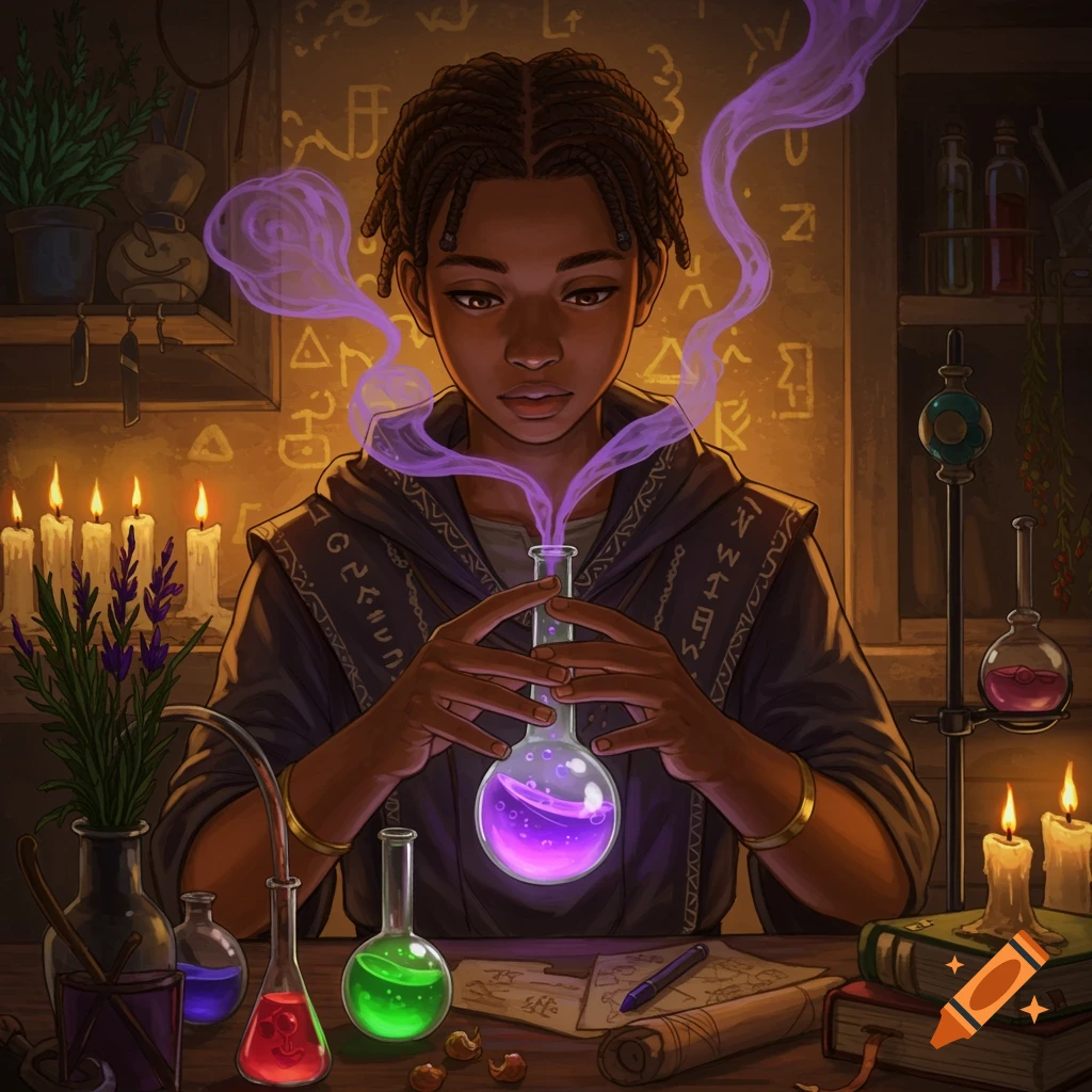 Teenage Black boy doing alchemy in a cluttered workshop.