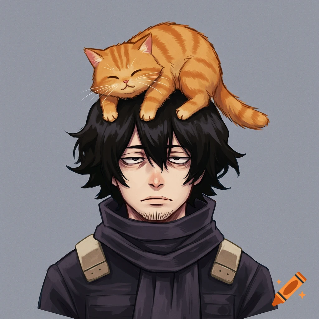 an anime character with a cat resting on his head