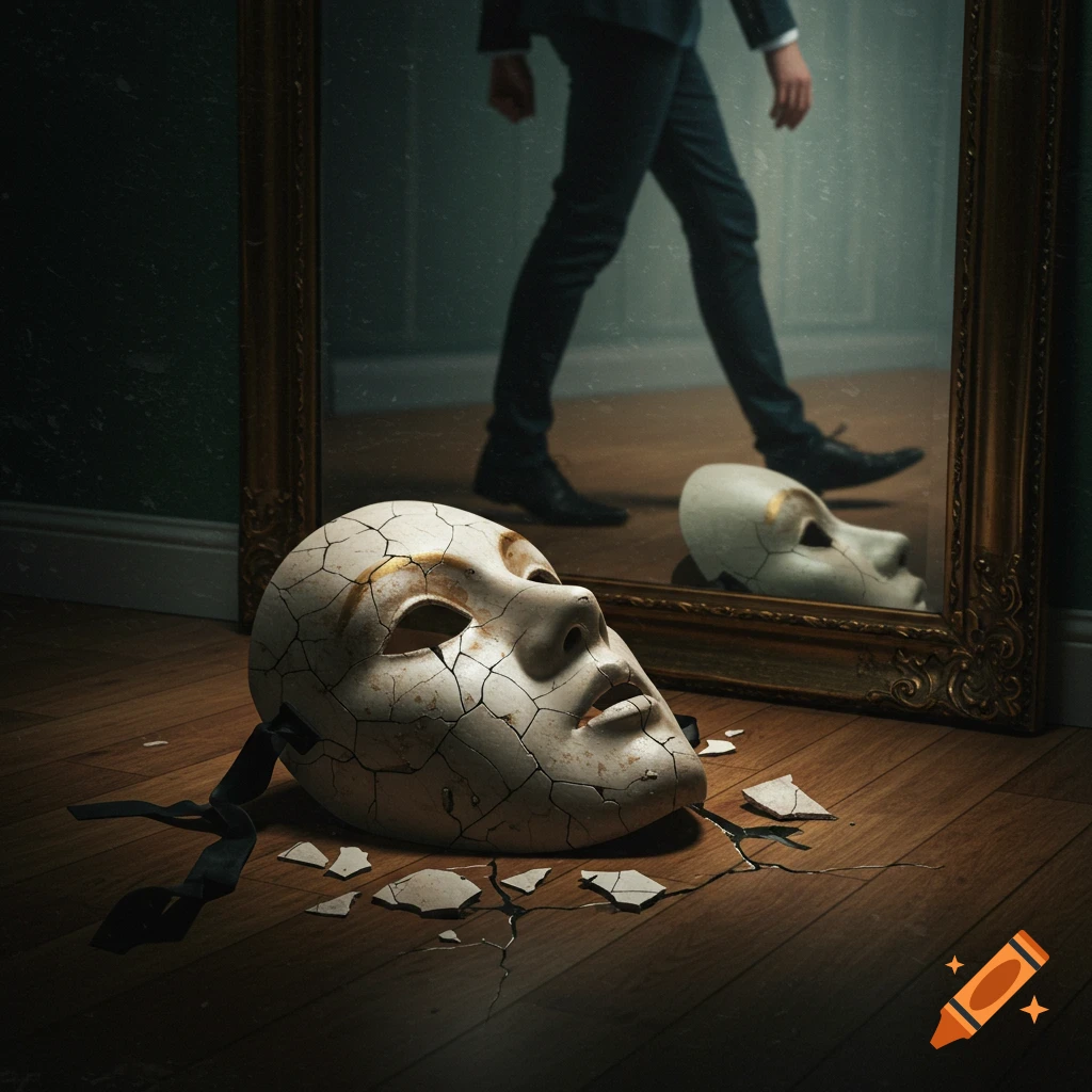 A cracked mask lies on a wooden floor before a mirror reflecting a man walking away.