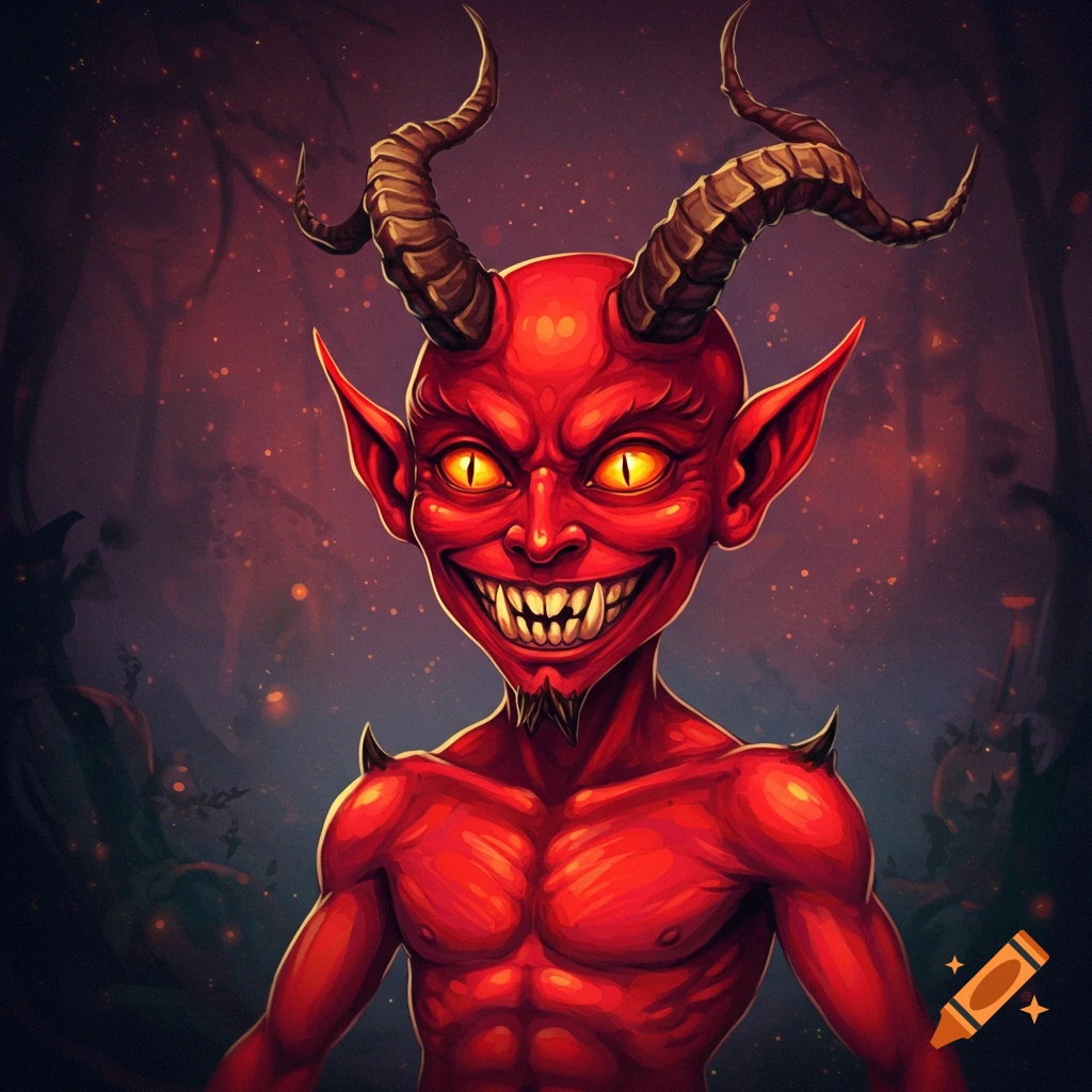 A smiling red devil with horns and sharp teeth against a dark, spooky background.