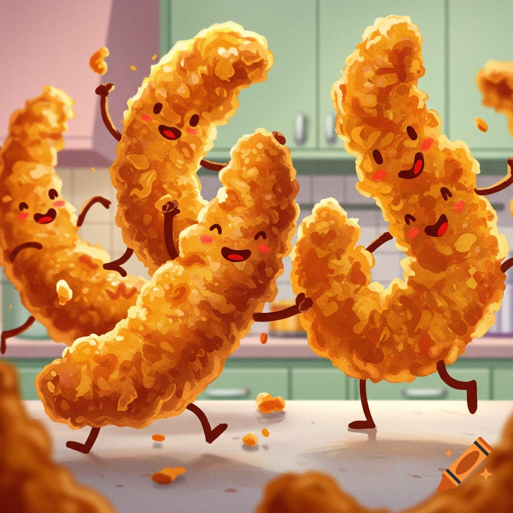 Cartoon chicken strips with faces and limbs are dancing on a counter.