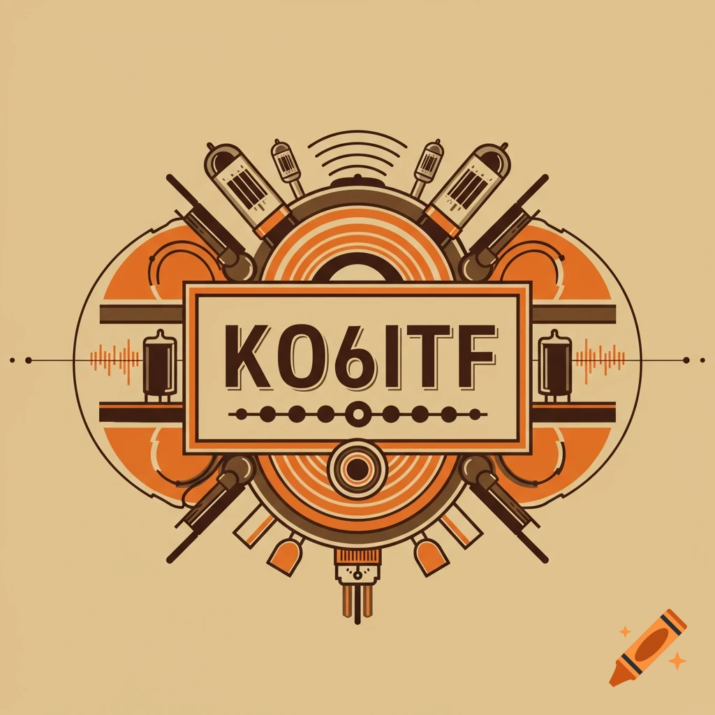 A stylized vintage ham radio logo featuring the call sign KO6ITF, vacuum tubes, and radio waves.
