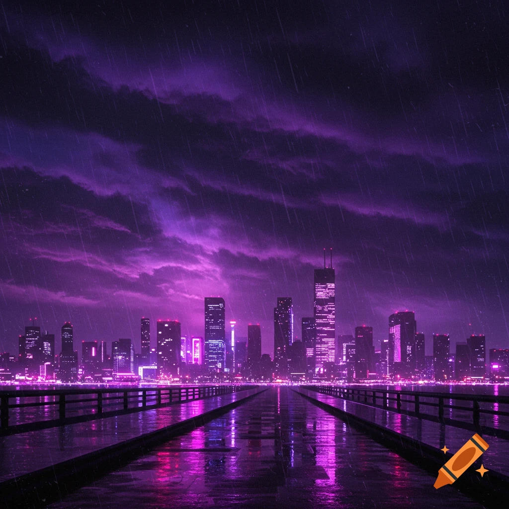 A rainy city skyline at night with purple clouds and lights.