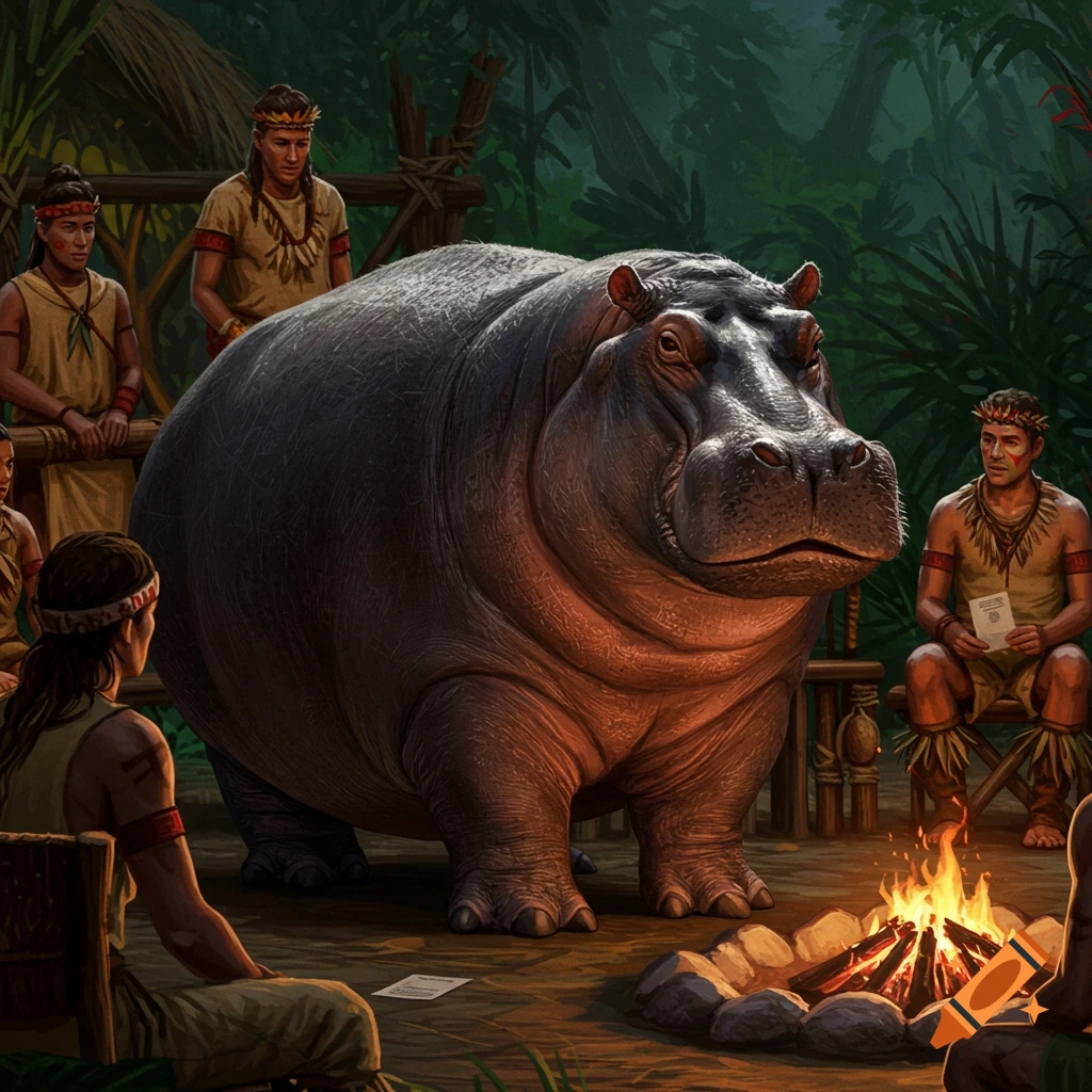 A giant hippo stands near a campfire with people in a jungle tribal setting.