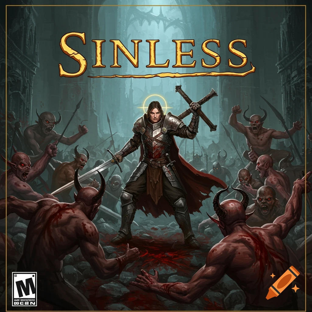 Illustration of a knight fighting demons under the title SINLESS for a game cover.