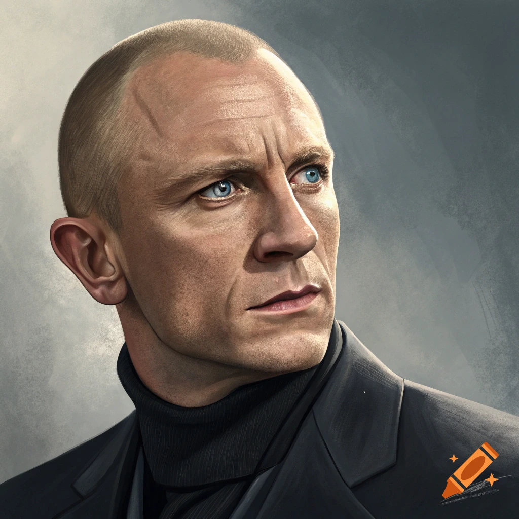 Painted portrait of a bald man resembling Daniel Craig in a black suit and turtleneck.