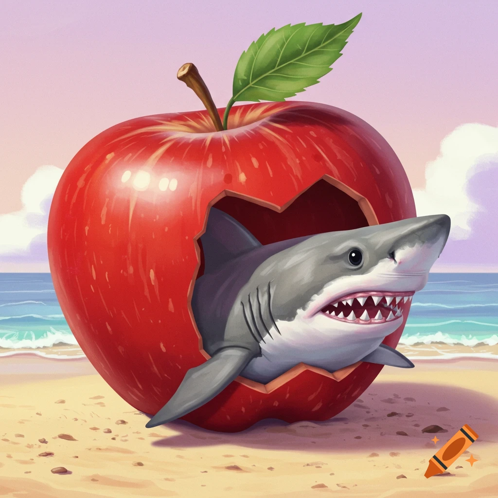 A shark emerging from a red apple on a beach.