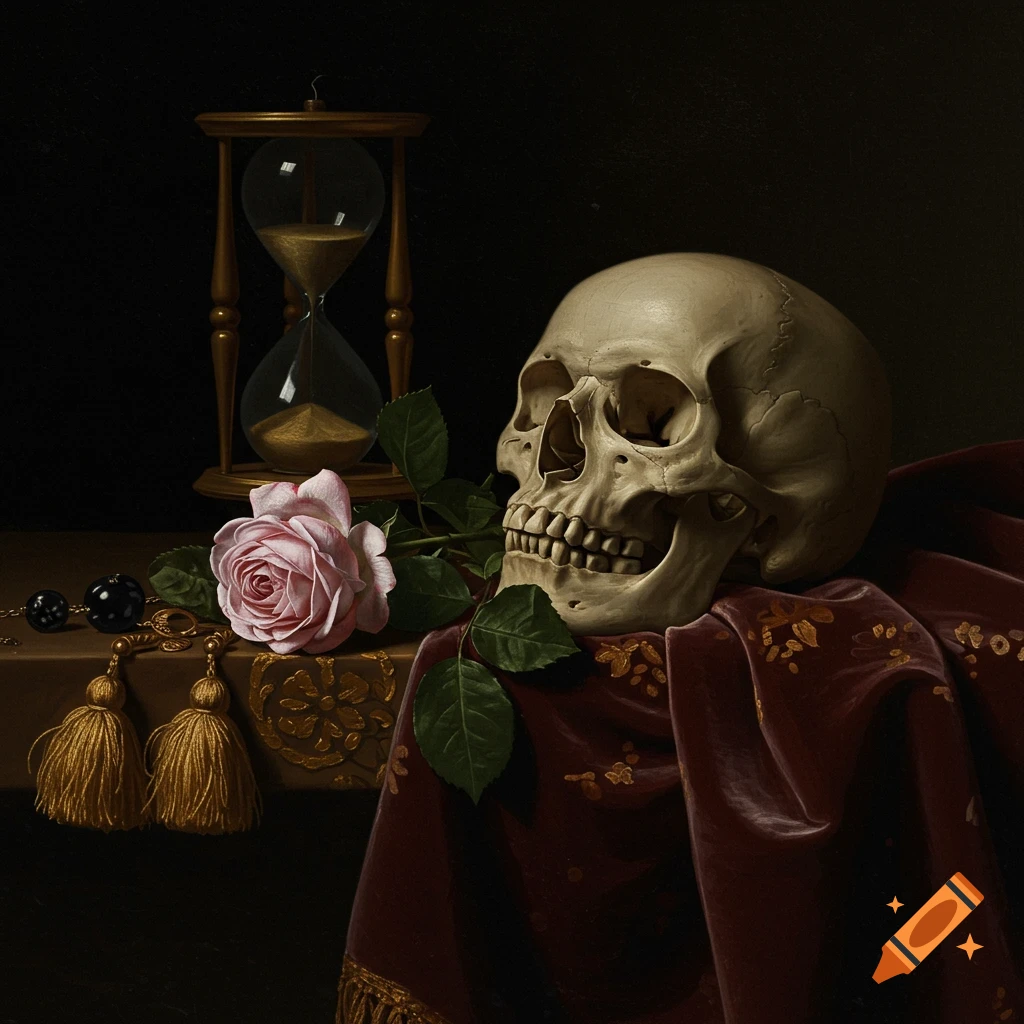 Still life painting of a skull, hourglass, rose, and draped fabric.