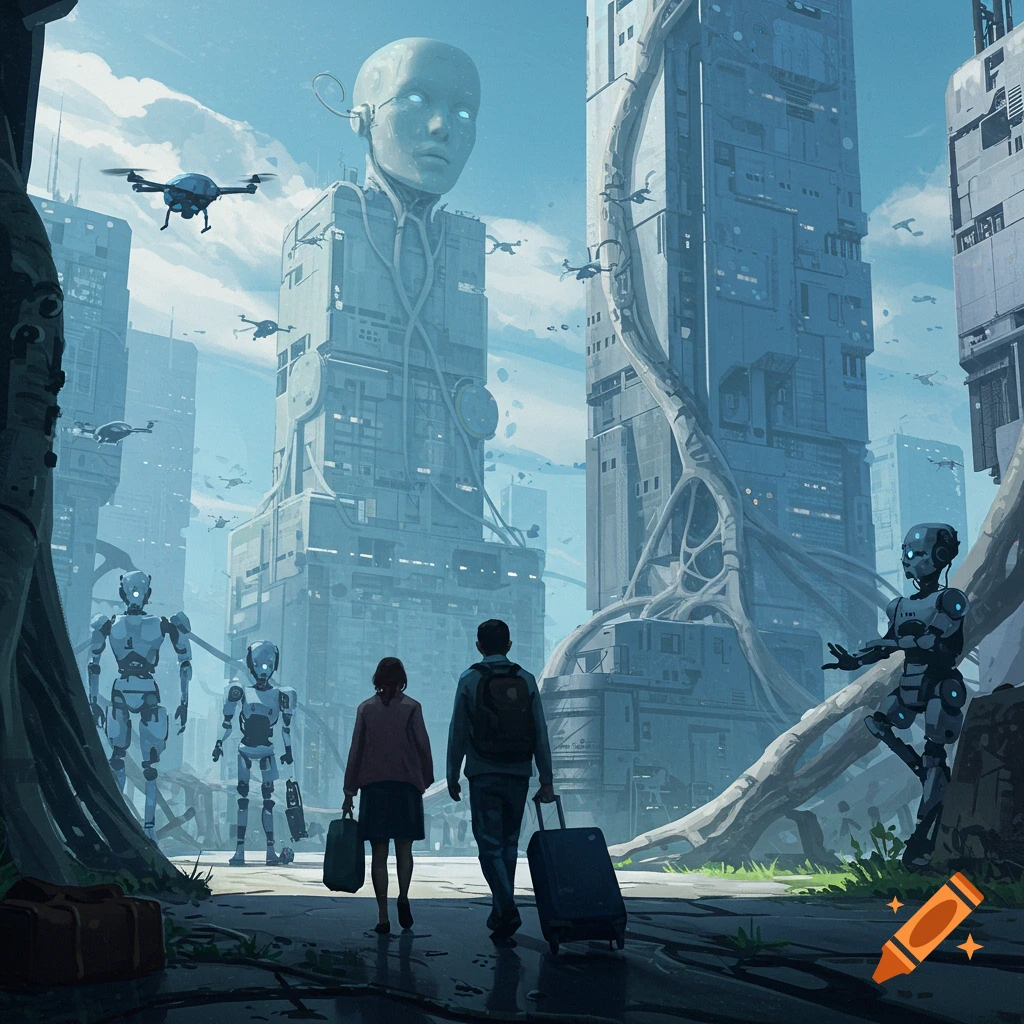 Humans walk away from a futuristic city dominated by robots and massive AI structures.