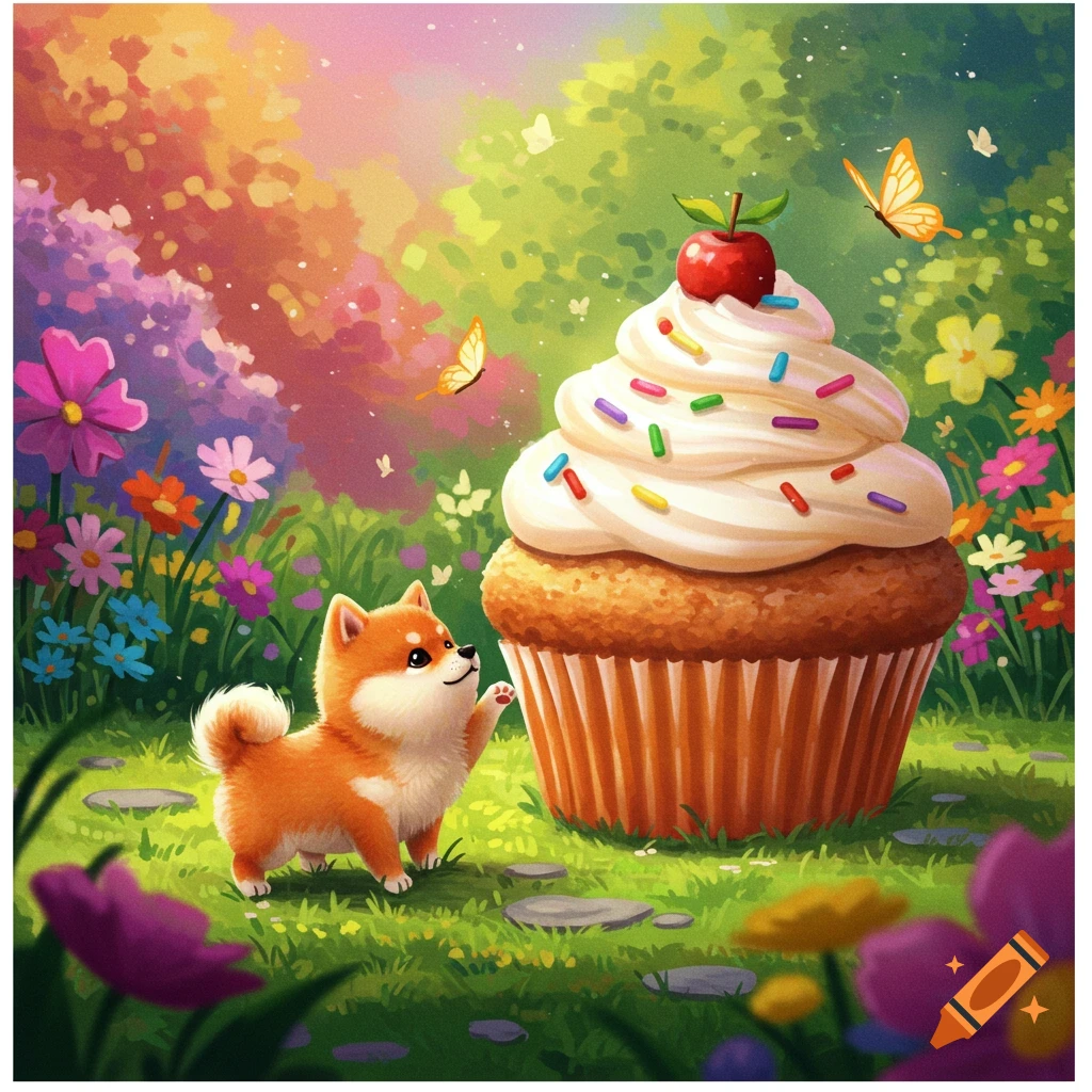 A small Shiba Inu dog looks up at a giant cupcake in a vibrant, colorful garden with butterflies.