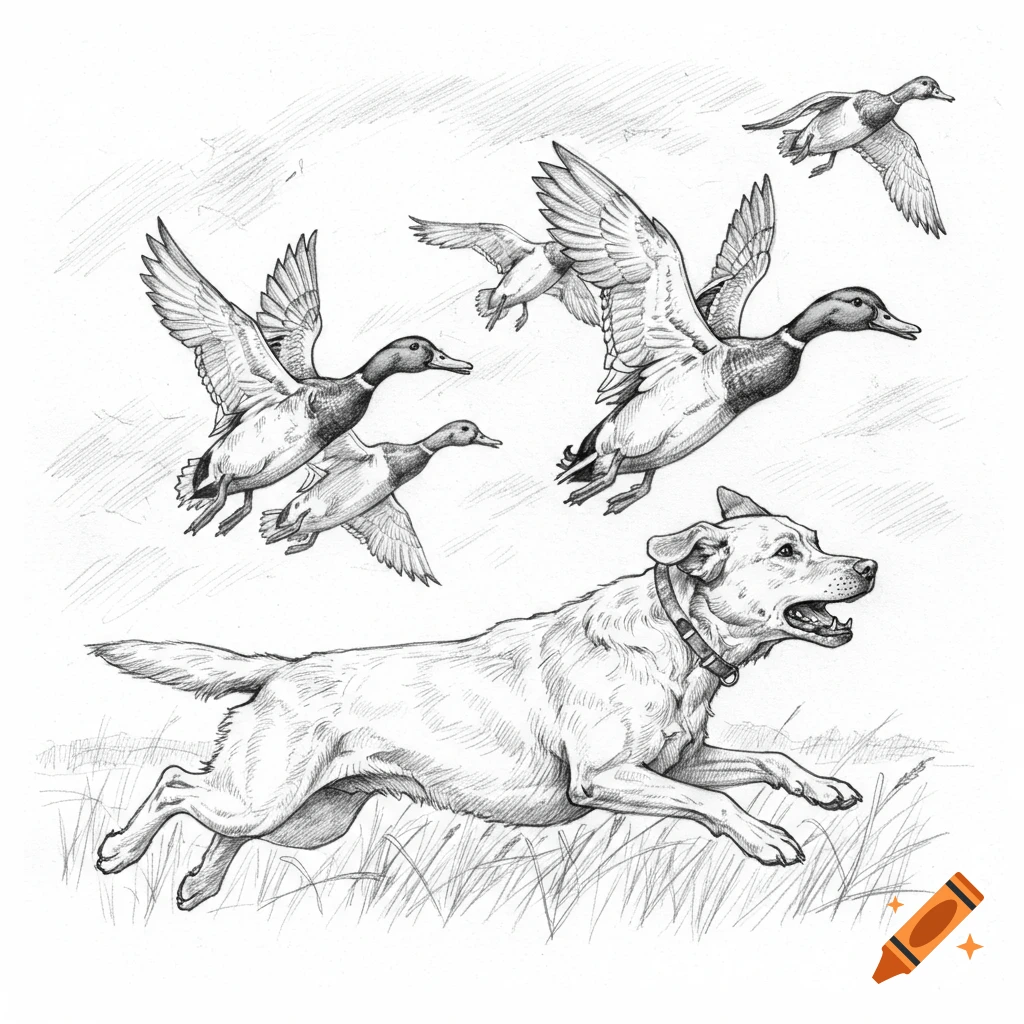 Pencil sketch of a Labrador dog running and looking up at flying mallard ducks.