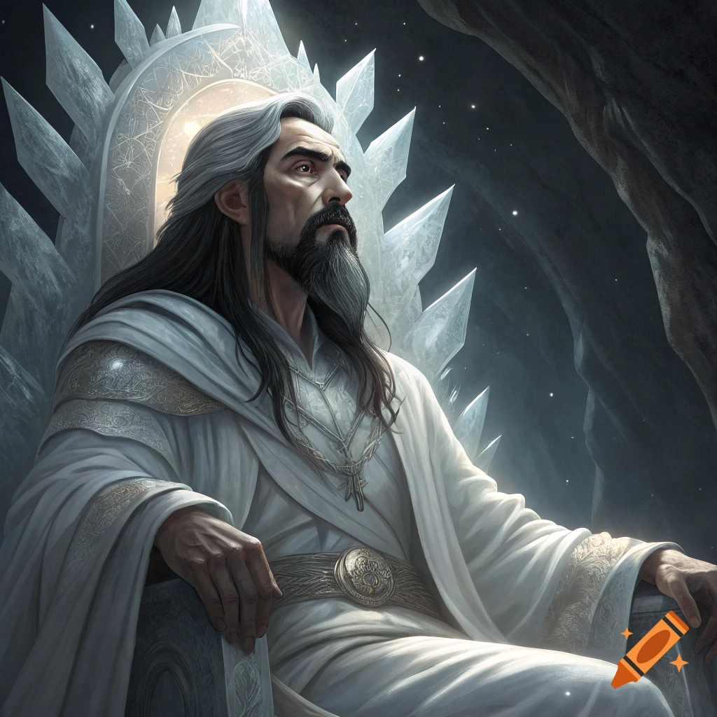 Fantasy portrait of a man with long dark hair and beard, wearing white robes, sitting on a large crystal throne.