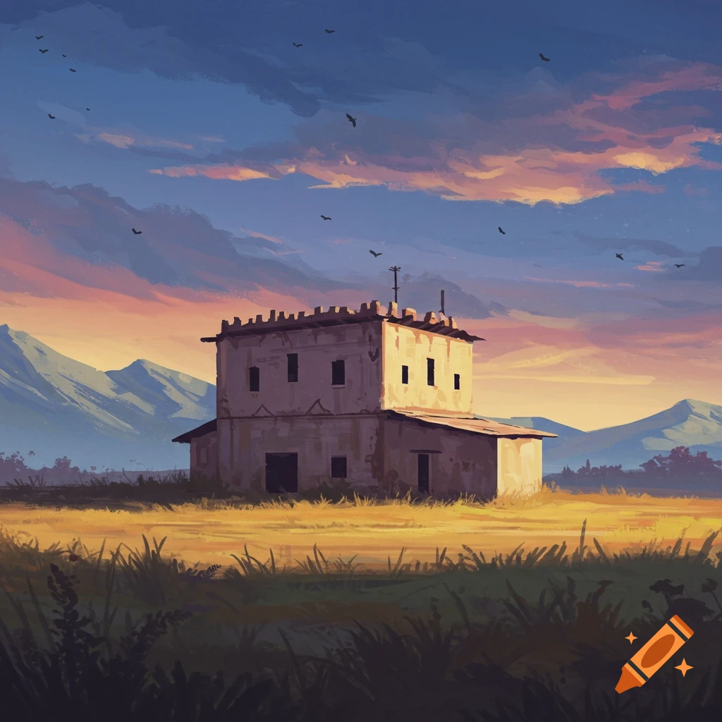 A stone building stands in a field at sunset, with mountains and birds in the background.
