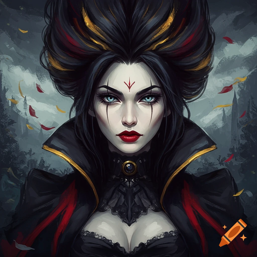 A portrait of a dark fantasy woman with striking blue eyes and intricately styled hair.